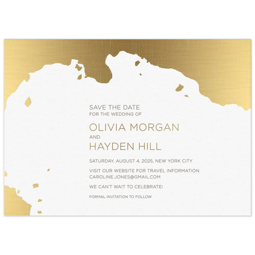Organic modern shape in white surrounded by gold foil. Centered block text in pewter and gold in the white space.