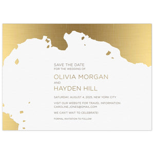 Organic modern shape in white surrounded by gold foil. Centered block text in pewter and gold in the white space.