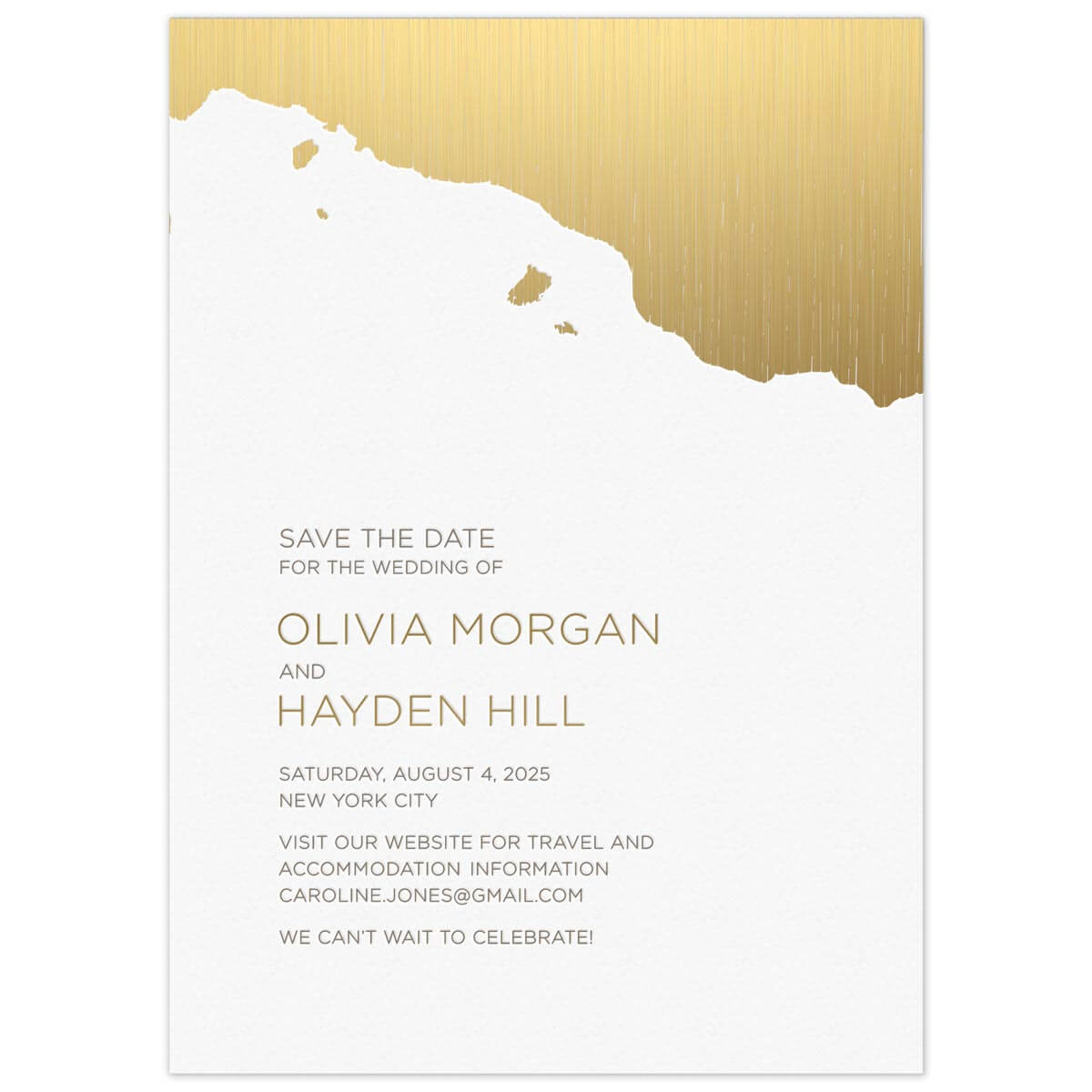 Organic modern shape in gold foil at the top of the card. Left aligned block text in pewter and gold in the white space.