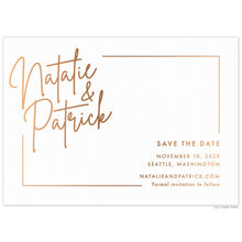 Load image into Gallery viewer, White save the date with large names in the top left corner. Thin line on the border. Right aligned block font in the bottom right corner.