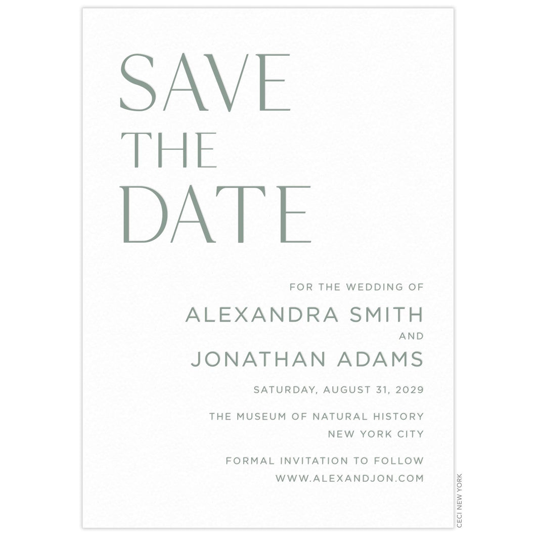 Large olive green Save the Date words at the top left of the page. Block green right aligned text at the bottom right corner of the page.