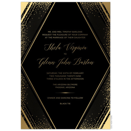 Large diamond with geometric lines and small dots on the border of the card in gold foil. Gold block and script font centered in the diamond shape.