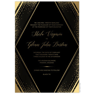 Large diamond with geometric lines and small dots on the border of the card in gold foil. Gold block and script font centered in the diamond shape.