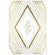 Load image into Gallery viewer, Large diamond with geometric lines and small dots on the back of the card in gold foil. Gold script monogram centered in the diamond shape. Small Ceci logo on the bottom of the card.