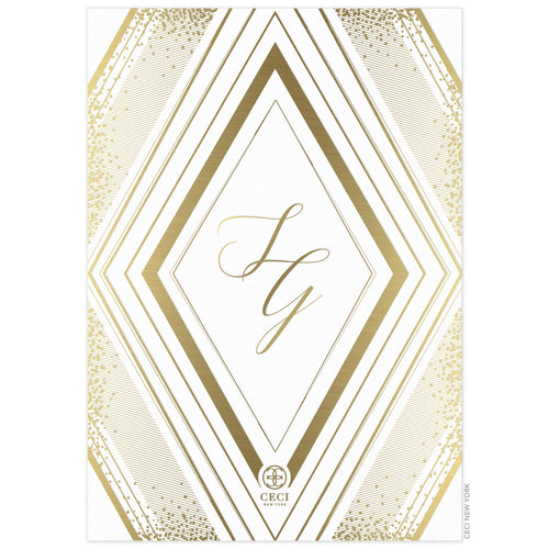Large diamond with geometric lines and small dots on the back of the card in gold foil. Gold script monogram centered in the diamond shape. Small Ceci logo on the bottom of the card.