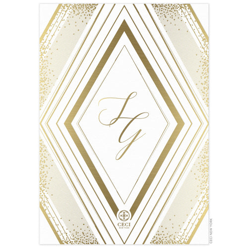 Large diamond with geometric lines and small dots on the back of the card in gold foil. Gold script monogram centered in the diamond shape. Small Ceci logo on the bottom of the card.