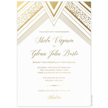 Load image into Gallery viewer, Large diamond with geometric lines and small dots on the top of the card in gold foil. Gold block and script font centered under the diamond shape.