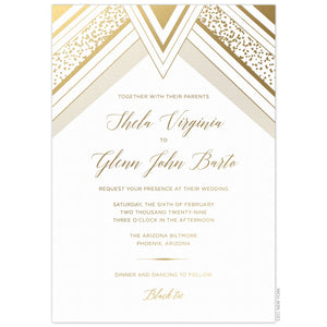 Large diamond with geometric lines and small dots on the top of the card in gold foil. Gold block and script font centered under the diamond shape.