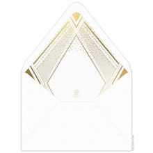 Load image into Gallery viewer, Large diamond with geometric lines and small dots on the liner of the envelope in gold foil. Small Ceci logo on the liner. White envelope.