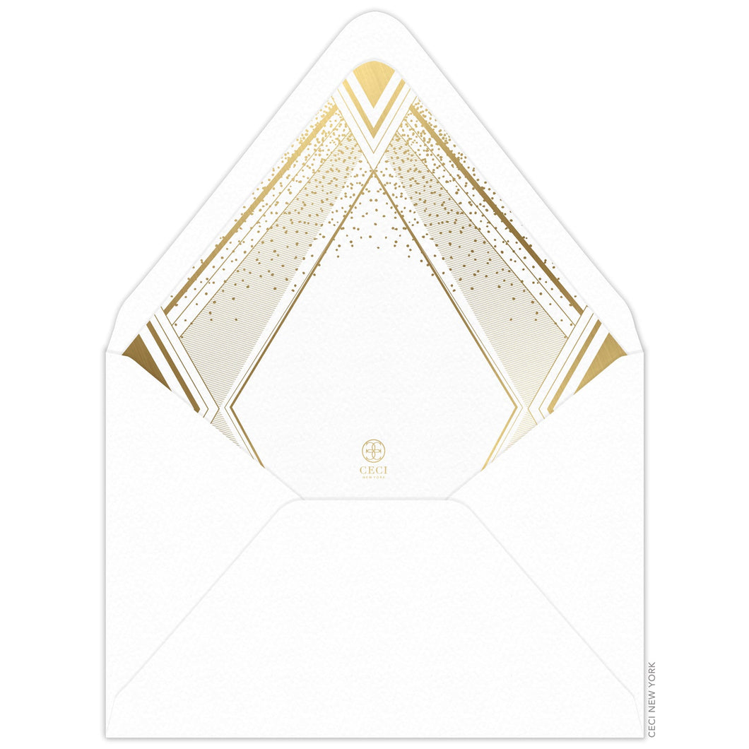 Large diamond with geometric lines and small dots on the liner of the envelope in gold foil. Small Ceci logo on the liner. White envelope.