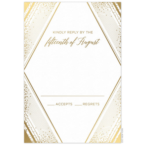 Large diamond with geometric lines and small dots on the corners of the card gold foil. Gold block and script font centered in the diamond shape.