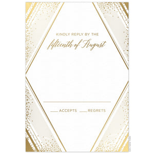 Large diamond with geometric lines and small dots on the corners of the card gold foil. Gold block and script font centered in the diamond shape.