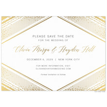 Load image into Gallery viewer, Large diamond with geometric lines and small dots on the corners of the card gold foil. Gold block and script font centered in the diamond shape.