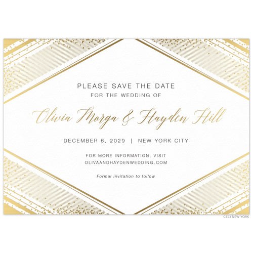 Large diamond with geometric lines and small dots on the corners of the card gold foil. Gold block and script font centered in the diamond shape.