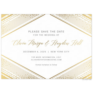 Large diamond with geometric lines and small dots on the corners of the card gold foil. Gold block and script font centered in the diamond shape.
