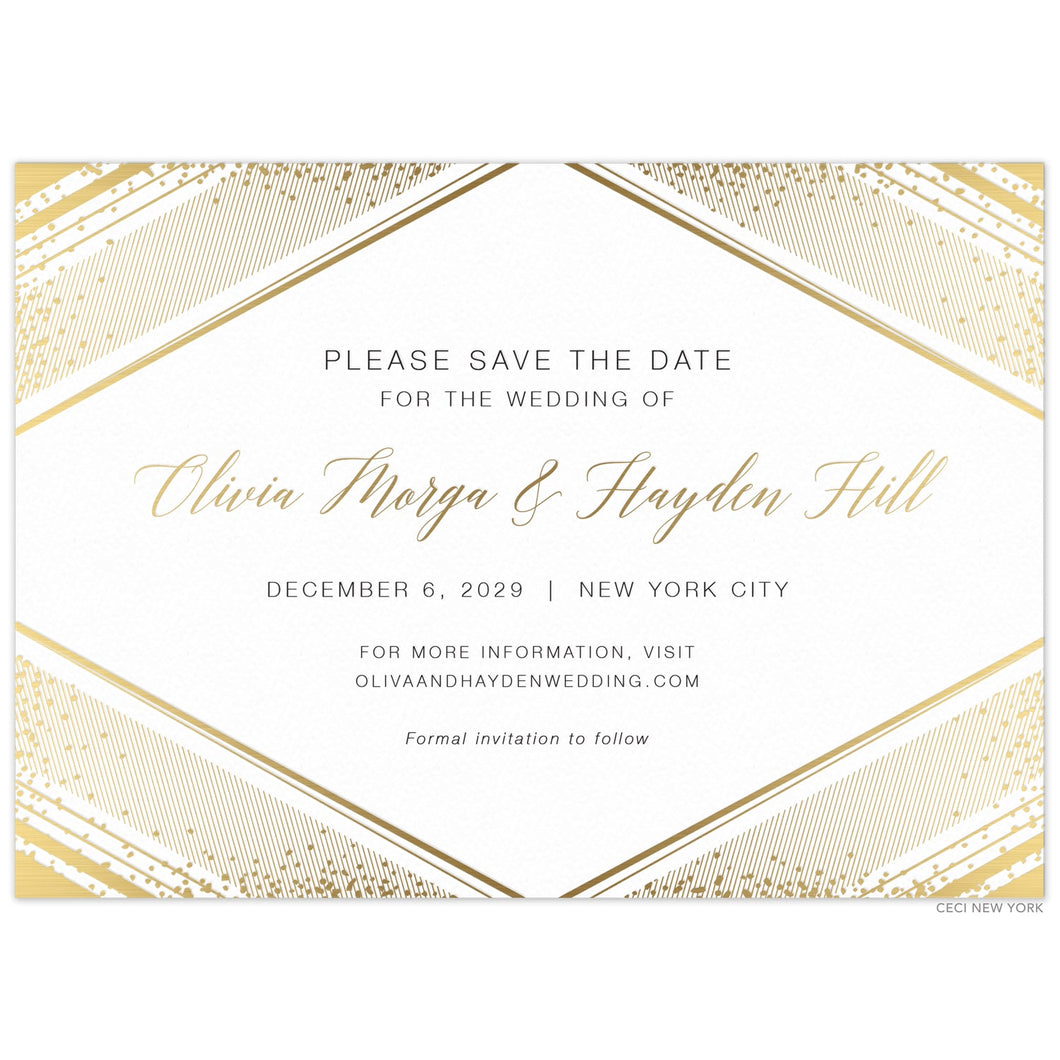 Large diamond with geometric lines and small dots on the corners of the card gold foil. Gold block and script font centered in the diamond shape.