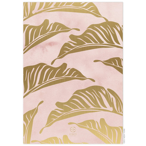 Pink watercolor back with gold modern palm leaves on top. Small Ceci logo centered at the bottom of the card. 