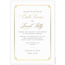 Load image into Gallery viewer, Simple white invitation with small gold line border, gold script, small gold divider and navy san serif copy.