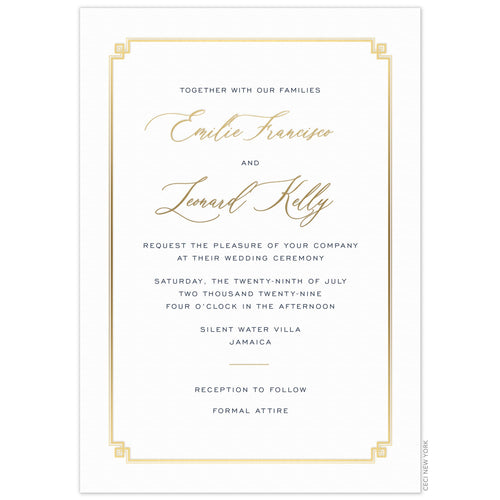 Simple white invitation with small gold line border, gold script, small gold divider and navy san serif copy.