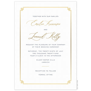 Simple white invitation with small gold line border, gold script, small gold divider and navy san serif copy.