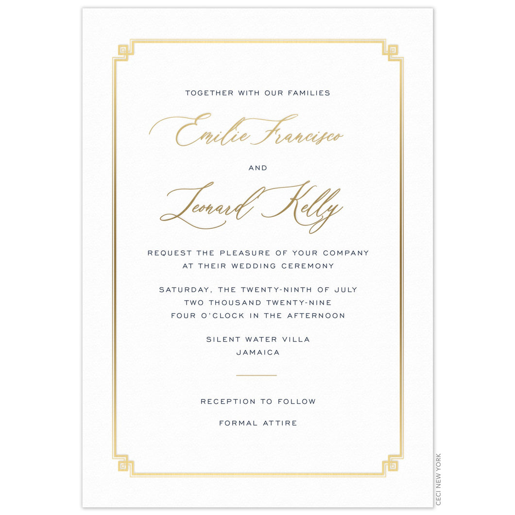 Simple white invitation with small gold line border, gold script, small gold divider and navy san serif copy.