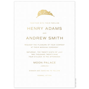 White invitation, gold san serif font centered on the page, gold modern leaf at the top of the page.