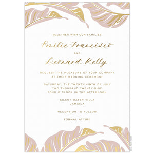 White invitation, modern pink palm leaves with gold details on the top and bottom of the card. Script and san serif copy centered on the page. 