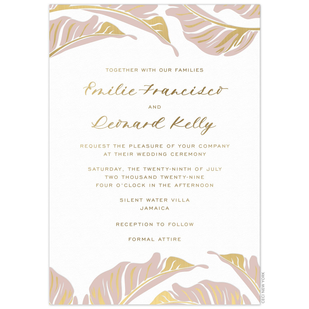 White invitation, modern pink palm leaves with gold details on the top and bottom of the card. Script and san serif copy centered on the page. 