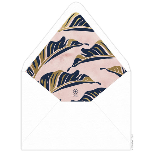 Envelope liner with watercolor pink background, navy and gold modern palm leaves, small ceci logo in navy.