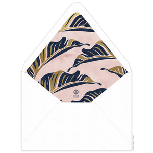 Envelope liner with watercolor pink background, navy and gold modern palm leaves, small ceci logo in navy.