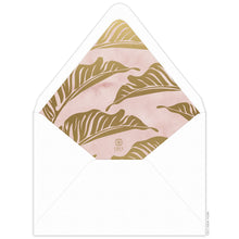 Load image into Gallery viewer, Envelope liner with watercolor pink background, modern palm leaves, small ceci logo in gold.