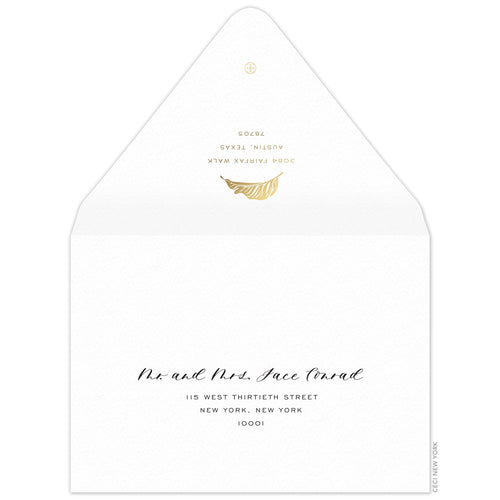 White envelope, san serif return address and modern palm leaf in gold foil on the back flap. Mailing address on the front of the envelope.