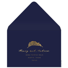 Load image into Gallery viewer, Navy reply envelope, gold modern palm leaf and script and san serif font centered on the front.