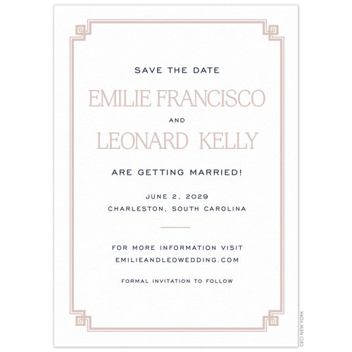 White card with thin line border in light pink. San serif navy copy and light pink serif names centered on the page.