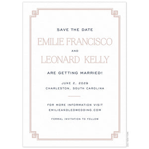 White card with thin line border in light pink. San serif navy copy and light pink serif names centered on the page.