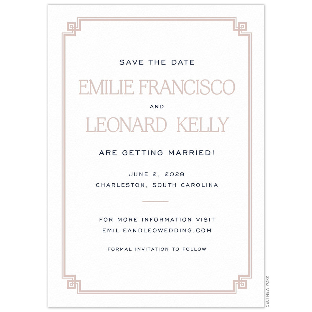 White card with thin line border in light pink. San serif navy copy and light pink serif names centered on the page.