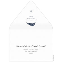 Load image into Gallery viewer, White envelope, san serif return address and modern palm leaf in navy on the back flap. Mailing address on the front of the envelope.
