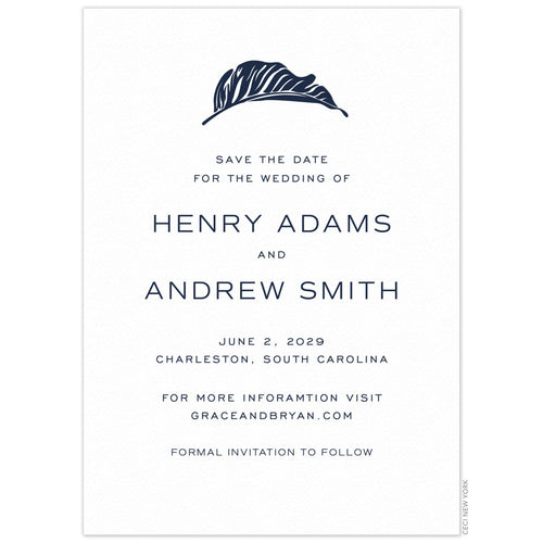 White save the date with navy modern leaf centered on the top of the page, san serif font centered under the leaf.