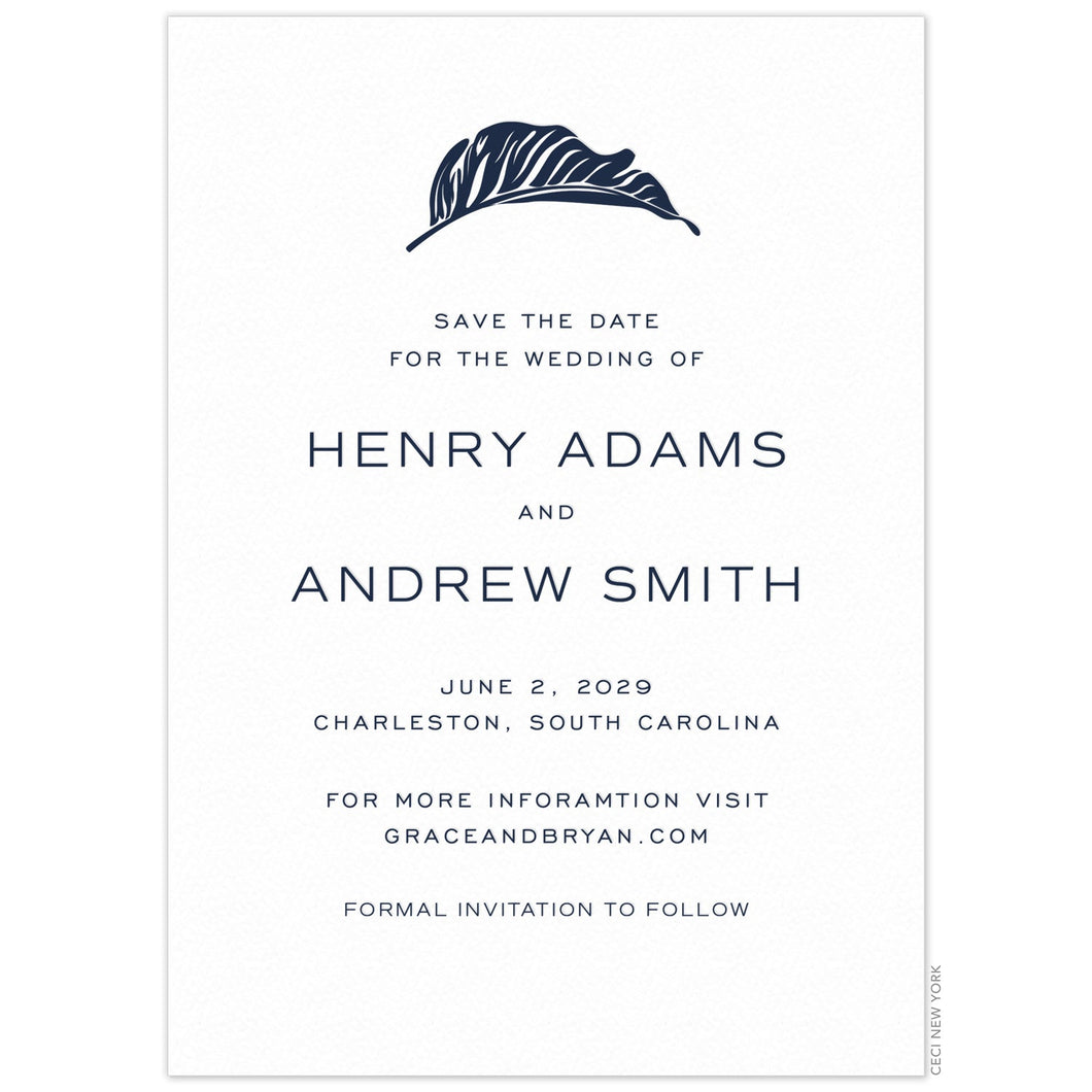 White save the date with navy modern leaf centered on the top of the page, san serif font centered under the leaf.