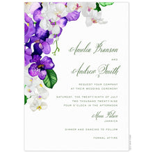 Load image into Gallery viewer, White invitation, watercolor white and purple orchids cascading down the top left side of the card. Green script and san serif right aligned copy. 