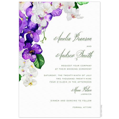 White invitation, watercolor white and purple orchids cascading down the top left side of the card. Green script and san serif right aligned copy. 