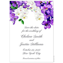 Load image into Gallery viewer, White and purple watercolor orchids dripping from the top of a white reply card. Pewter script save the date copy centered under the flowers.
