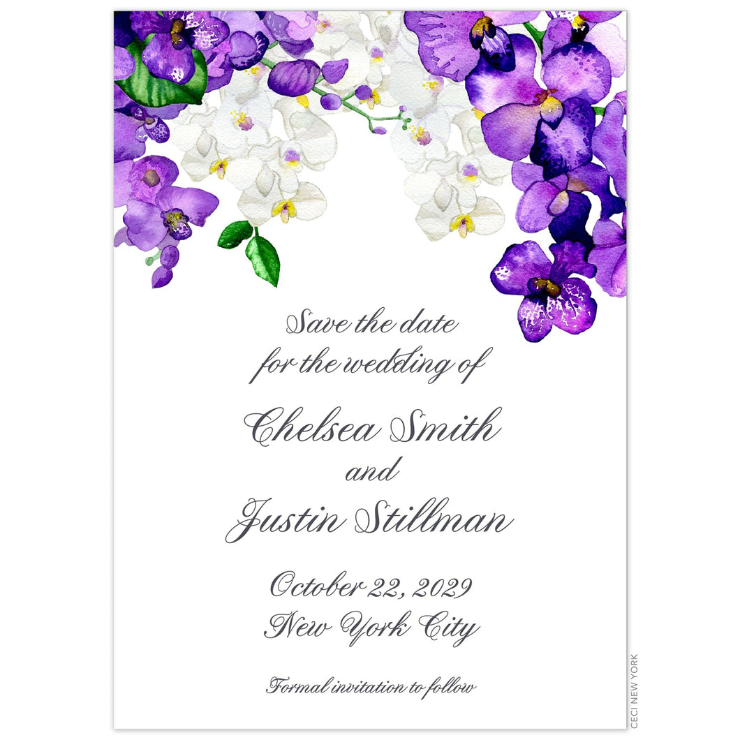 White and purple watercolor orchids dripping from the top of a white reply card. Pewter script save the date copy centered under the flowers.