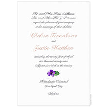 Load image into Gallery viewer, White invitation card with script centered copy with an orchid flourish.