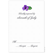 Load image into Gallery viewer, White reply card with centered script reply card copy. Small watercolor orchid flourish on the top of the card.