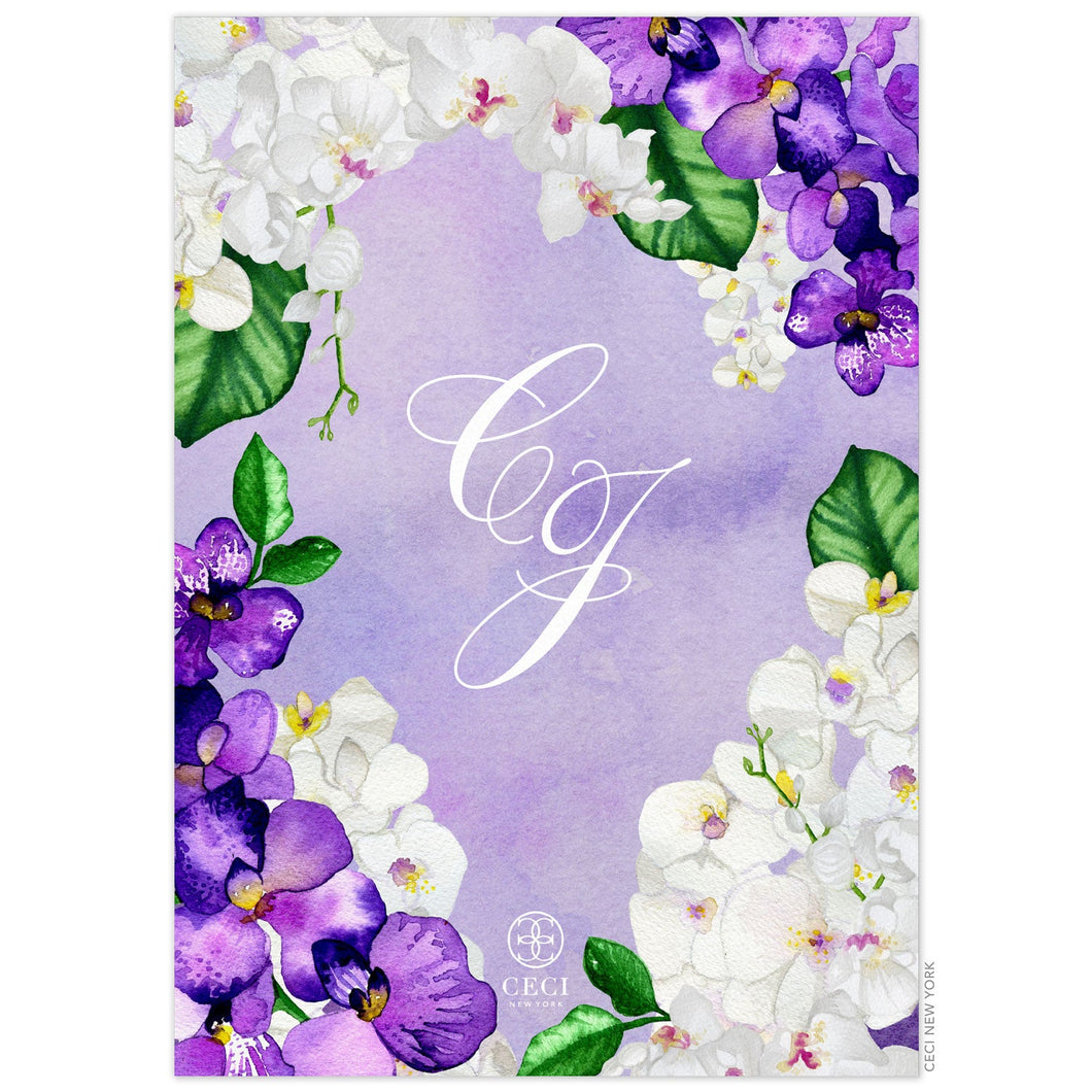 Purple and white watercolor orchid border on all edges of the card. Purple watercolor background and white monogram centered in between the floral borderl.