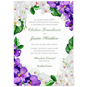Purple and white watercolor flowers on the border of the card. Block and script font centered in between the floral border.