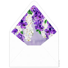 Load image into Gallery viewer, White envelope with purple watercolor liner, purple and white watercolor orchids dripping from the top of the flap.