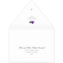 Load image into Gallery viewer, White envelope, serif block return address centered on the back flap, purple watercolor orchid flourish and small ceci new york logo.
