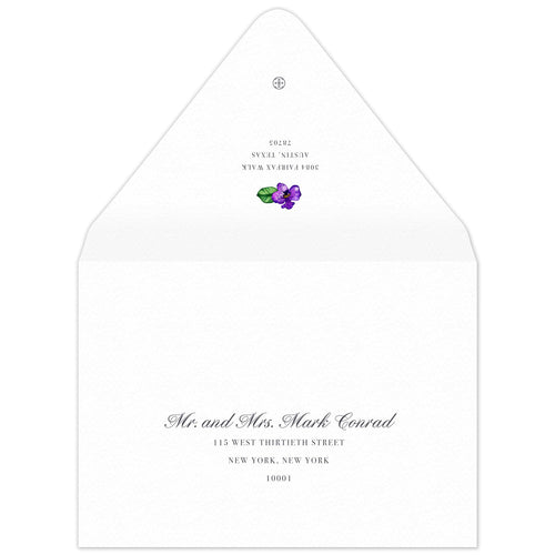 White envelope, serif block return address centered on the back flap, purple watercolor orchid flourish and small ceci new york logo.